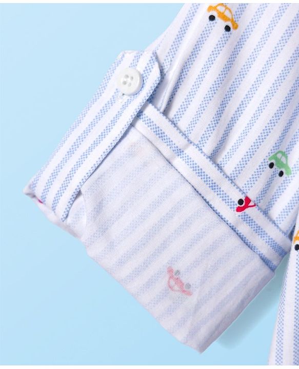 Babyhug Cotton Woven Full Sleeves Striped Shirt with Car Print - White