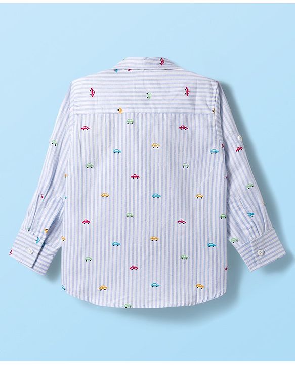 Babyhug Cotton Woven Full Sleeves Striped Shirt with Car Print - White