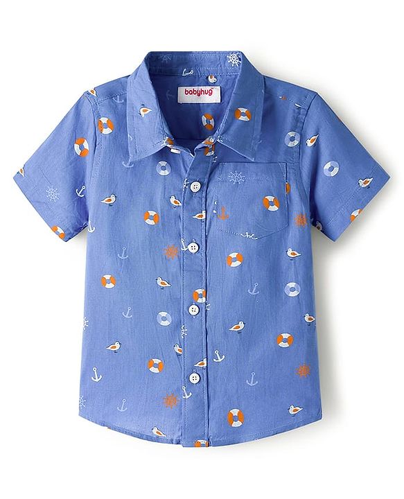 Babyhug Cotton Woven Half Sleeves Shirt With Nautical Theme Print - Blue