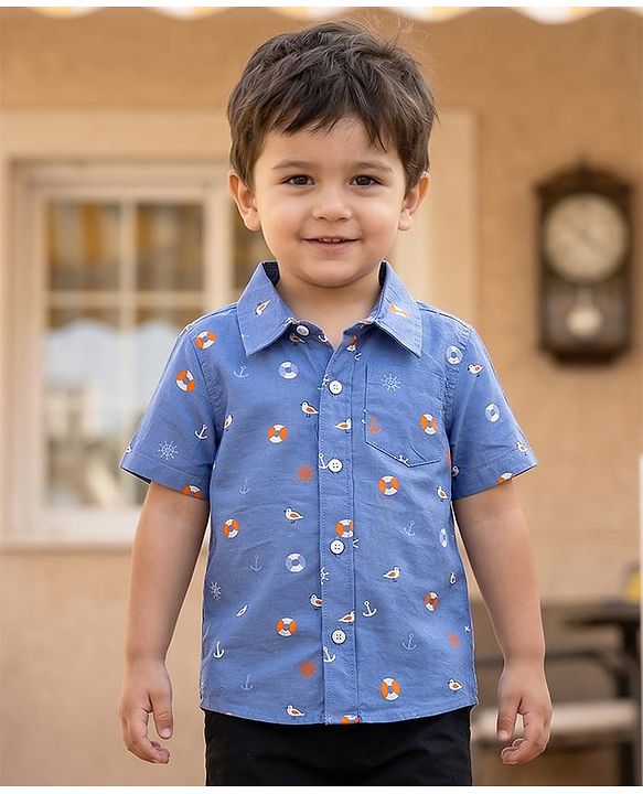 Babyhug Cotton Woven Half Sleeves Shirt With Nautical Theme Print - Blue