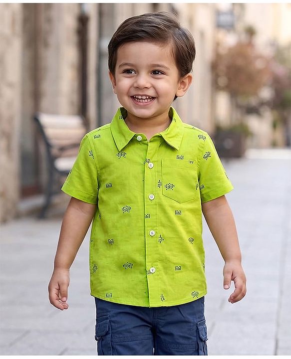 Babyhug Cotton Woven Half Sleeves Printed Shirt - Green