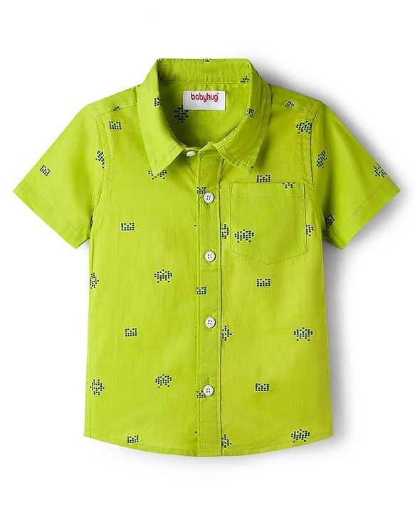 Babyhug Cotton Woven Half Sleeves Printed Shirt - Green
