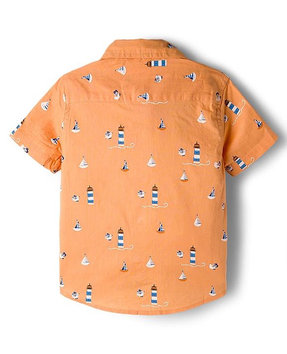 Babyhug Cotton Woven Half Sleeves Shirt With Nautical Theme Print - Orange