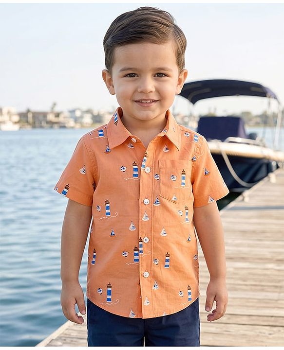 Babyhug Cotton Woven Half Sleeves Shirt With Nautical Theme Print - Orange