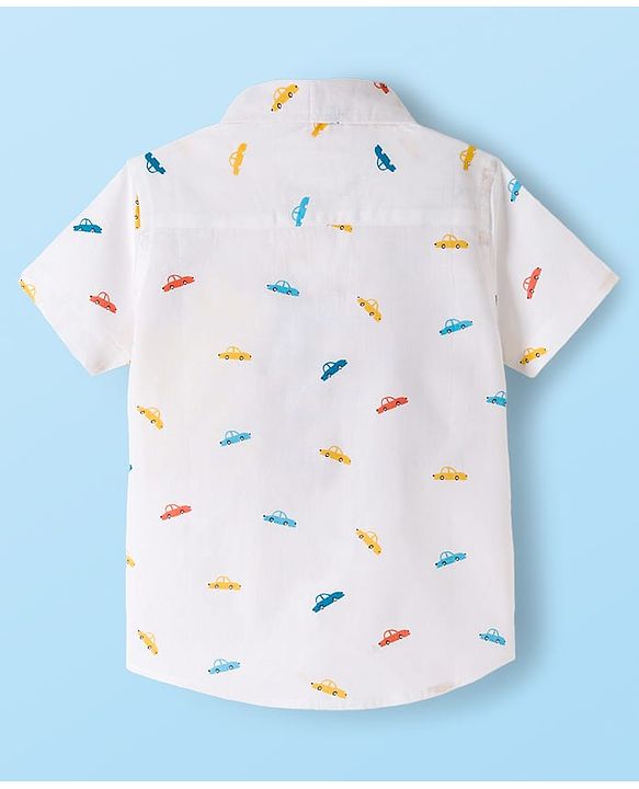 Babyhug Cotton Woven Half Sleeves Shirt With Vehicle Print - White
