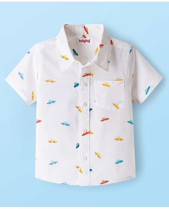 Babyhug Cotton Woven Half Sleeves Shirt With Vehicle Print - White