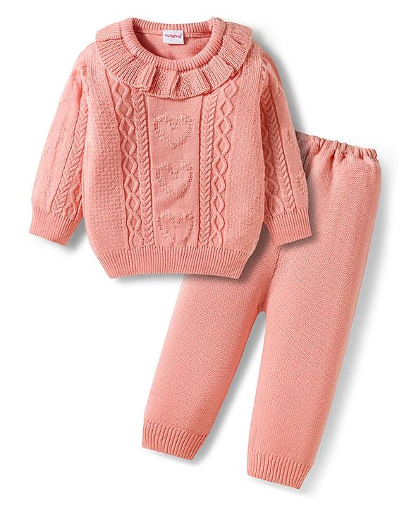 Babyhug Knitted Full Sleeves Sweater Set With Frill & Cable Knit Design - Pink