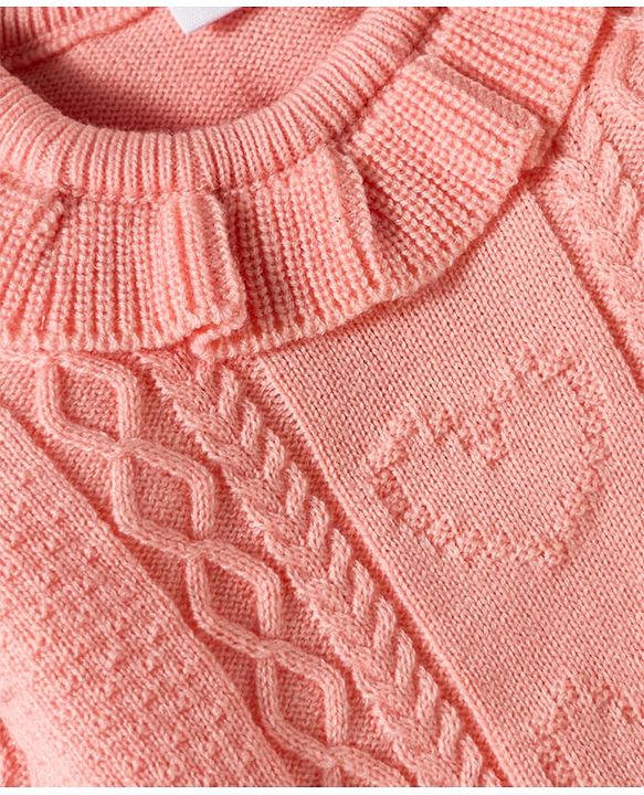 Babyhug Knitted Full Sleeves Sweater Set With Frill & Cable Knit Design - Pink