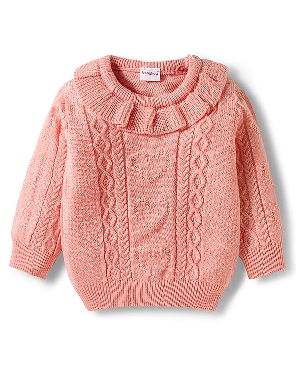 Babyhug Knitted Full Sleeves Sweater Set With Frill & Cable Knit Design - Pink