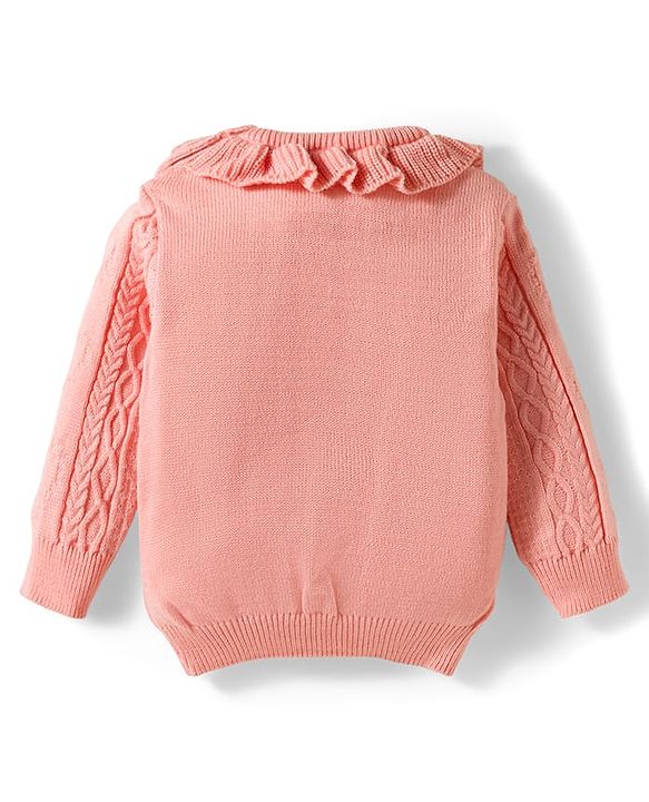Babyhug Knitted Full Sleeves Sweater Set With Frill & Cable Knit Design - Pink