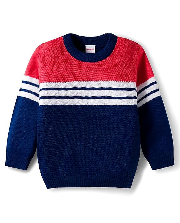Babyhug Knit Full Sleeves Pullover Sweater with Stripes - Navy Blue & Red