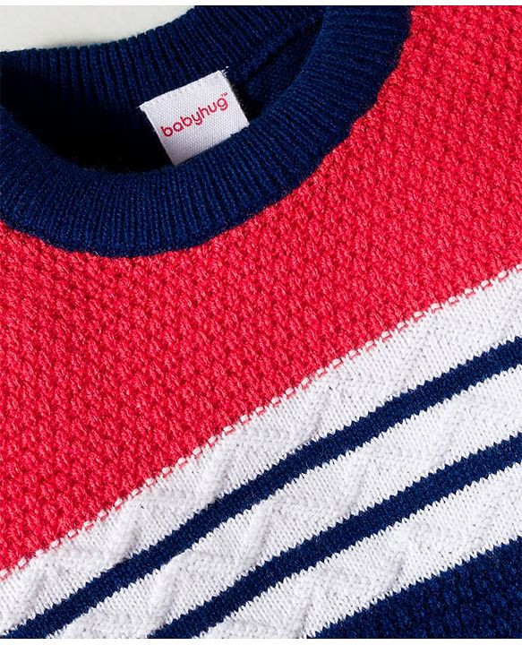 Babyhug Knit Full Sleeves Pullover Sweater with Stripes - Navy Blue & Red