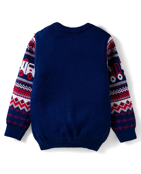 Babyhug Knit Full Sleeves Pullover Sweater with Fair Isle Truck Design - Navy Blue