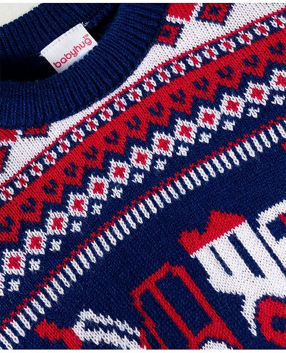 Babyhug Knit Full Sleeves Pullover Sweater with Fair Isle Truck Design - Navy Blue