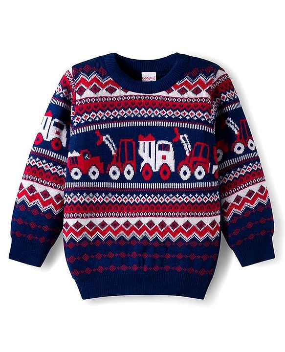 Babyhug Knit Full Sleeves Pullover Sweater with Fair Isle Truck Design - Navy Blue