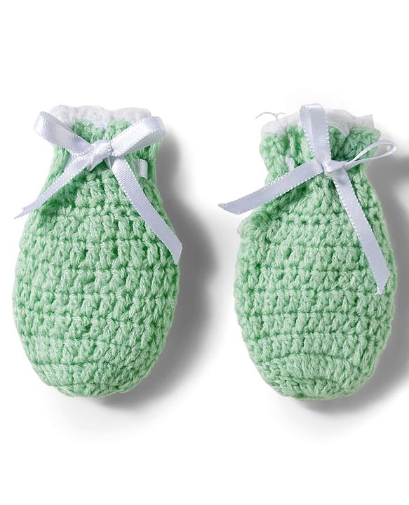 Babyhug Hand Knit Woollen Cap Mitten & Booties Set with Bow Applique Sea Green - Diameter 10 cm