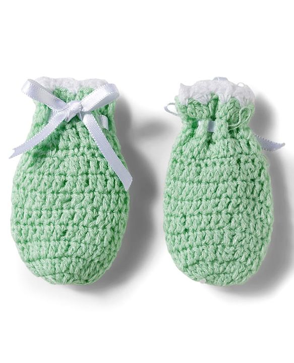 Babyhug Hand Knit Woollen Cap Mitten & Booties Set with Bow Applique Sea Green - Diameter 10 cm