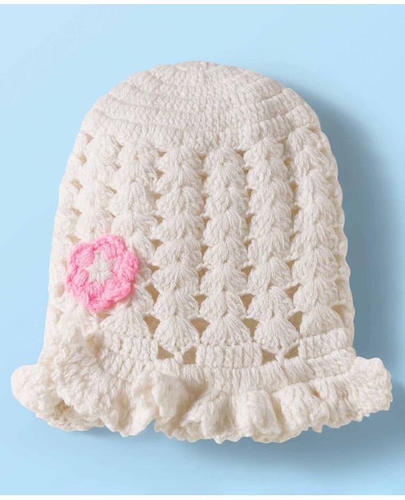 Babyhug Hand Knit Woollen Cap with Floral Embroidery White - Diameter  11 cm