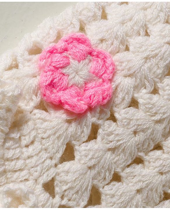 Babyhug Hand Knit Woollen Cap with Floral Embroidery White - Diameter  11 cm