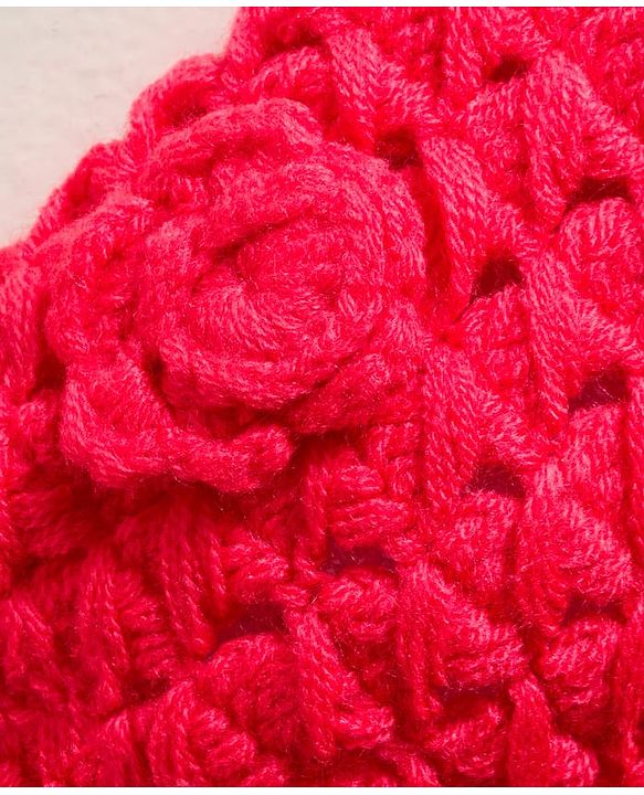 Babyhug Hand Knit Woollen Cap with Floral Embroidery Red - Diameter 12 cm