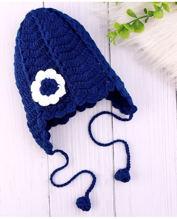 Babyhug Hand Knit Cap With Floral Applique Navy Blue - 12 cm Diameter
