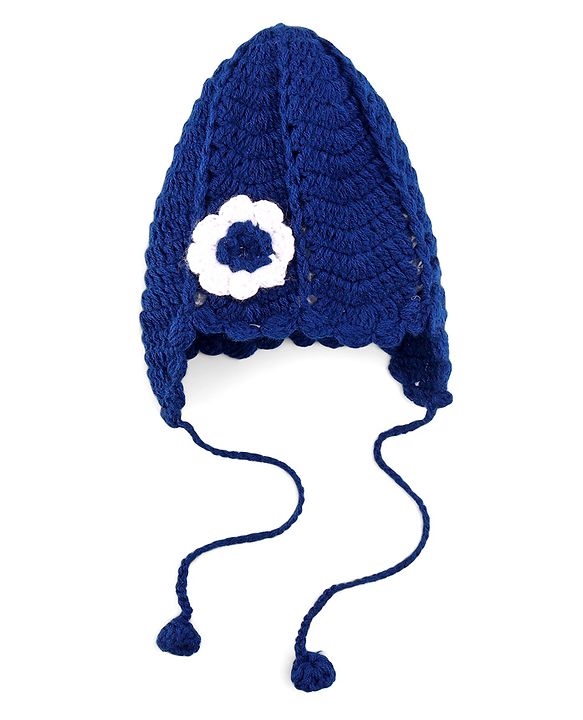 Babyhug Hand Knit Cap With Floral Applique Navy Blue - 12 cm Diameter