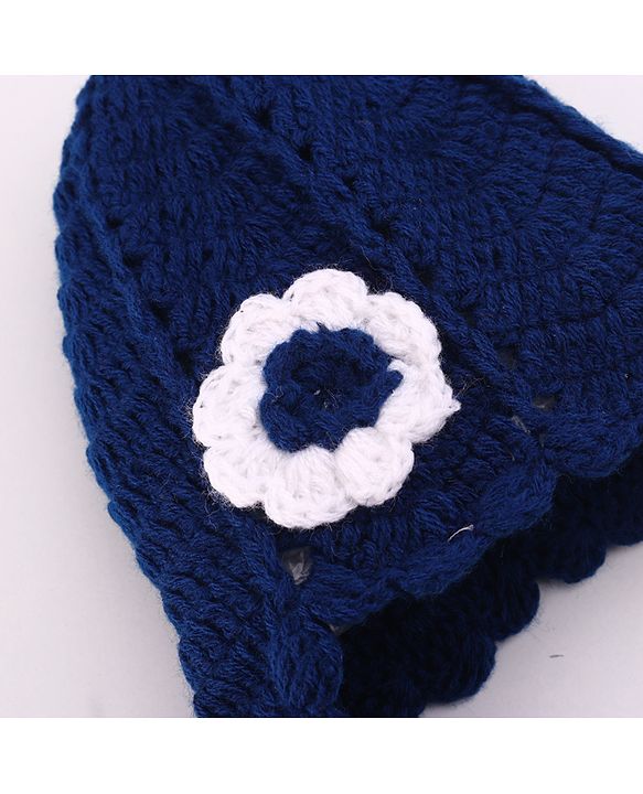 Babyhug Hand Knit Cap With Floral Applique Navy Blue - 12 cm Diameter