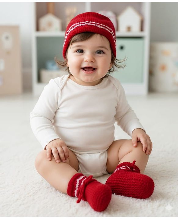 Babyhug Hand Knit Woollen Cap and Bootie Set Red - Diameter 11 cm