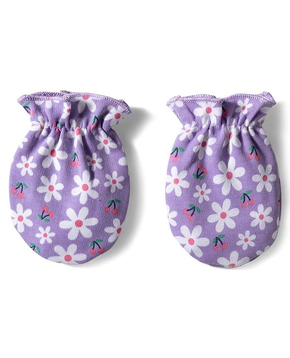 Babyhug 100% Cotton Knit Mittens & Booties with Floral Print - Lavender