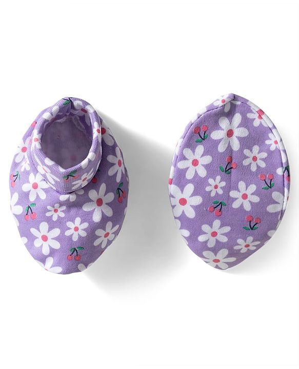 Babyhug 100% Cotton Knit Mittens & Booties with Floral Print - Lavender