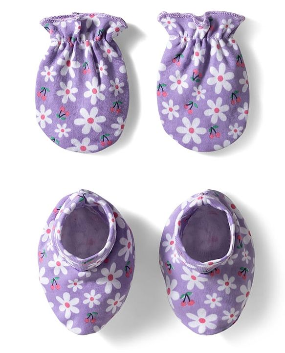 Babyhug 100% Cotton Knit Mittens & Booties with Floral Print - Lavender