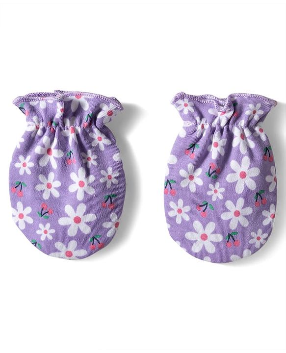 Babyhug 100% Cotton Knit Mittens & Booties with Floral Print - Lavender
