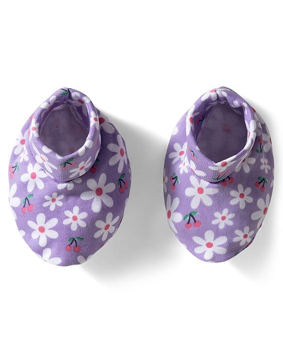 Babyhug 100% Cotton Knit Mittens & Booties with Floral Print - Lavender