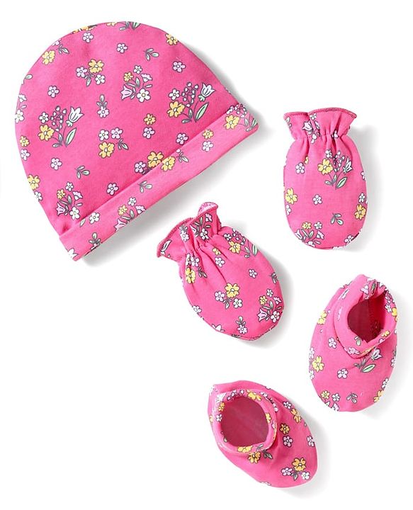 Babyhug Interlock Cotton Knit Cap Mittens And Booties Set With Floral Print Pink -  Diameter 16 cm