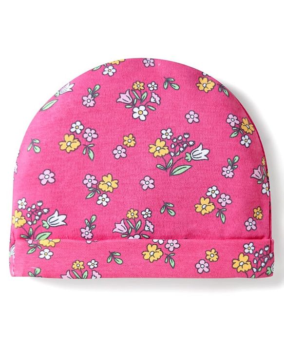 Babyhug Interlock Cotton Knit Cap Mittens And Booties Set With Floral Print Pink -  Diameter 16 cm