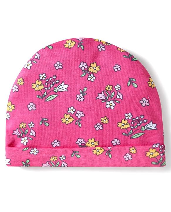 Babyhug Interlock Cotton Knit Cap Mittens And Booties Set With Floral Print Pink -  Diameter 16 cm