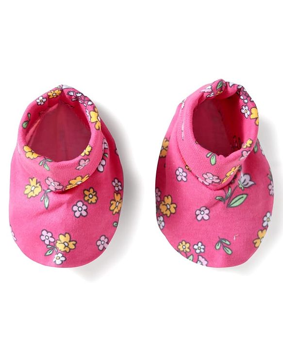 Babyhug Interlock Cotton Knit Cap Mittens And Booties Set With Floral Print Pink -  Diameter 16 cm