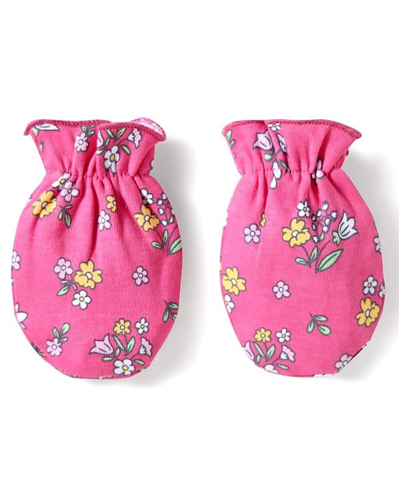 Babyhug Interlock Cotton Knit Cap Mittens And Booties Set With Floral Print Pink -  Diameter 16 cm