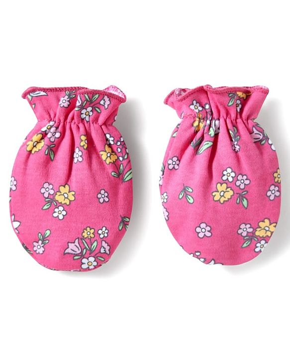 Babyhug Interlock Cotton Knit Cap Mittens And Booties Set With Floral Print Pink -  Diameter 16 cm