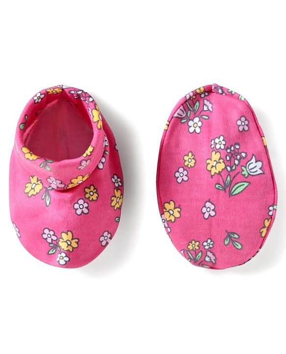 Babyhug Interlock Cotton Knit Cap Mittens And Booties Set With Floral Print Pink -  Diameter 16 cm