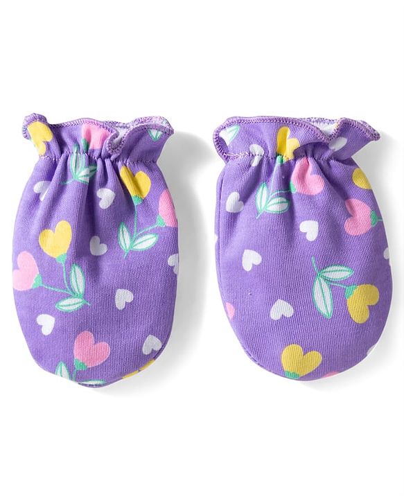 Babyhug 100% Cotton Knit Cap Mittens & Booties With Floral Print Voilet - Diameter 10 cm