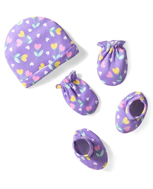 Babyhug 100% Cotton Knit Cap Mittens & Booties With Floral Print Voilet - Diameter 10 cm