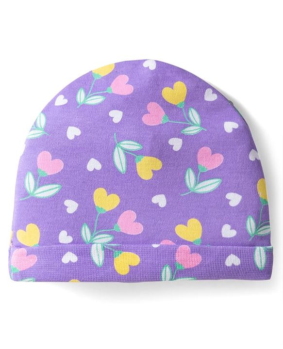 Babyhug 100% Cotton Knit Cap Mittens & Booties With Floral Print Voilet - Diameter 10 cm