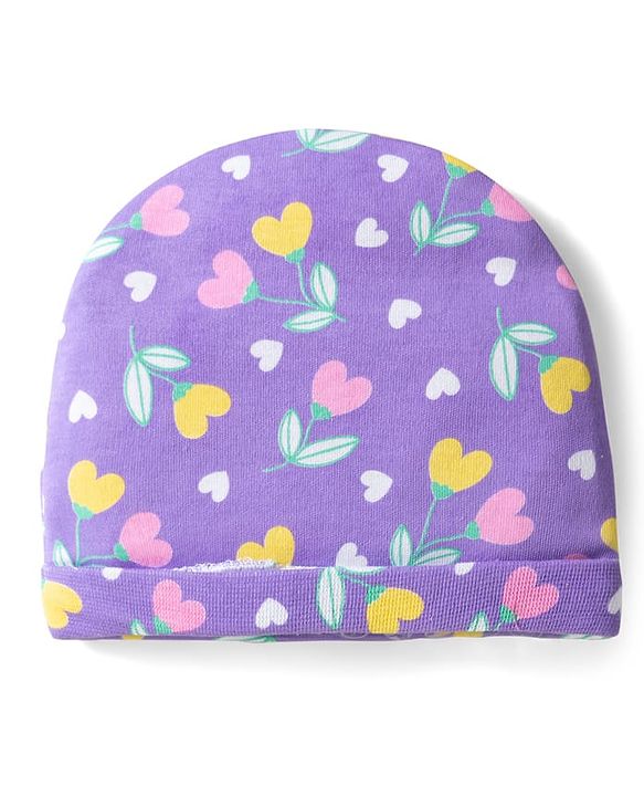 Babyhug 100% Cotton Knit Cap Mittens & Booties With Floral Print Voilet - Diameter 10 cm