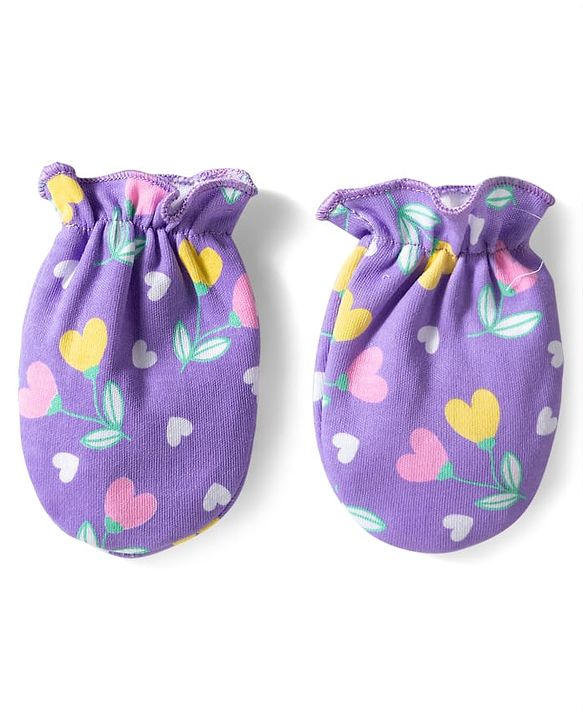 Babyhug 100% Cotton Knit Cap Mittens & Booties With Floral Print Voilet - Diameter 10 cm