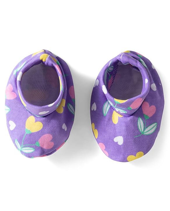 Babyhug 100% Cotton Knit Cap Mittens & Booties With Floral Print Voilet - Diameter 10 cm