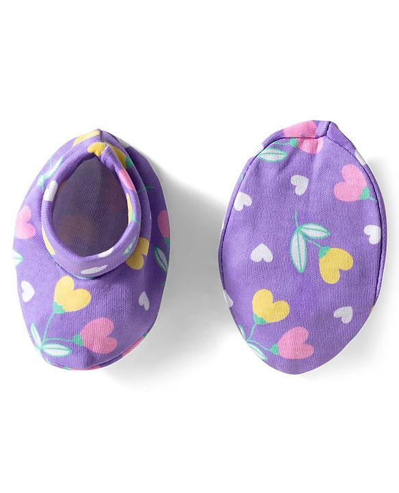 Babyhug 100% Cotton Knit Cap Mittens & Booties With Floral Print Voilet - Diameter 10 cm