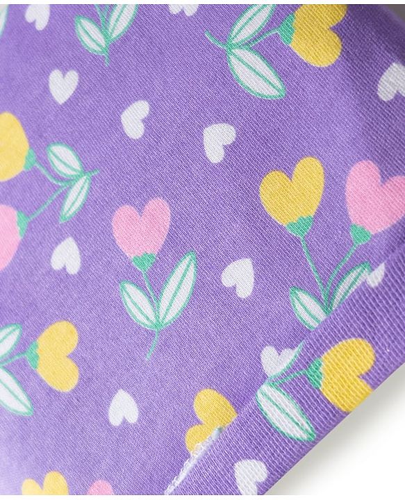 Babyhug 100% Cotton Knit Cap Mittens & Booties With Floral Print Voilet - Diameter 10 cm