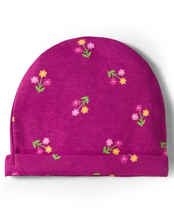 Babyhug 100% Cotton Knit Cap Mittens And Booties Set with Floral Print Wine - Diameter 16 cm