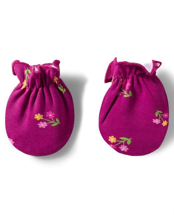 Babyhug 100% Cotton Knit Cap Mittens And Booties Set with Floral Print Wine - Diameter 16 cm